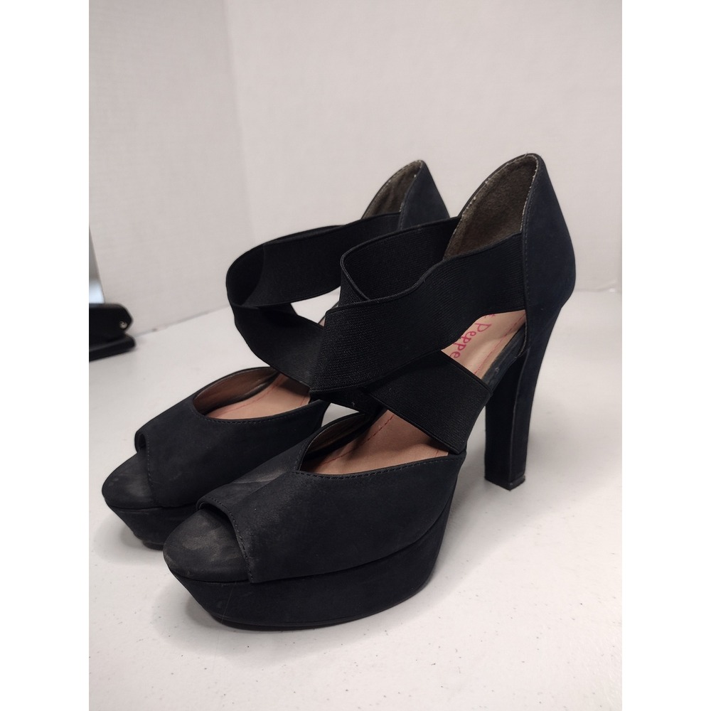 Pink & Pepper Womens Black Platform‎ Peep Toe Elastic Strap Block Heels Size 7.5